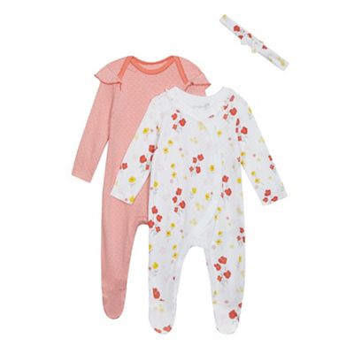 bluezoo Pack of two baby girls' multi-coloured floral print sleepsuits with a headband